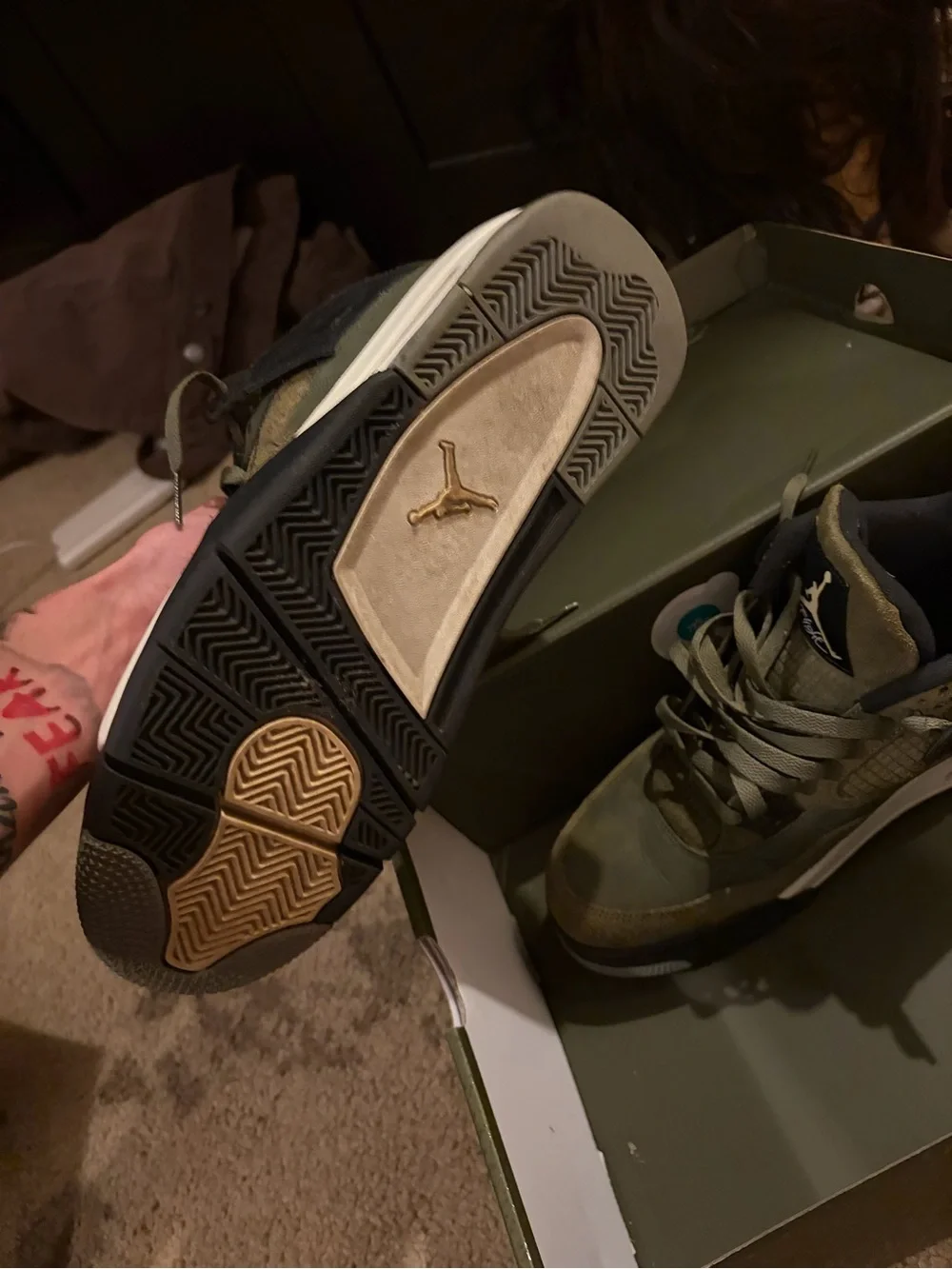 Jordan box in olive green with white label